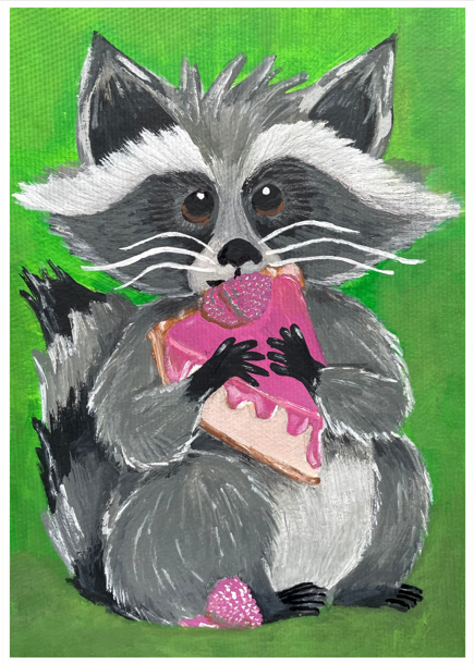 A cute little raccoon eating raspberry cheesecake in front of a green background. 
